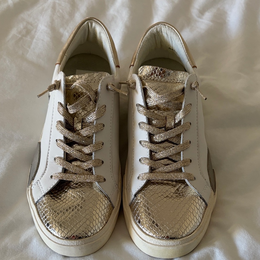 Dolce Vita Sz 8 Zina Metallic Gold and White Sneakers